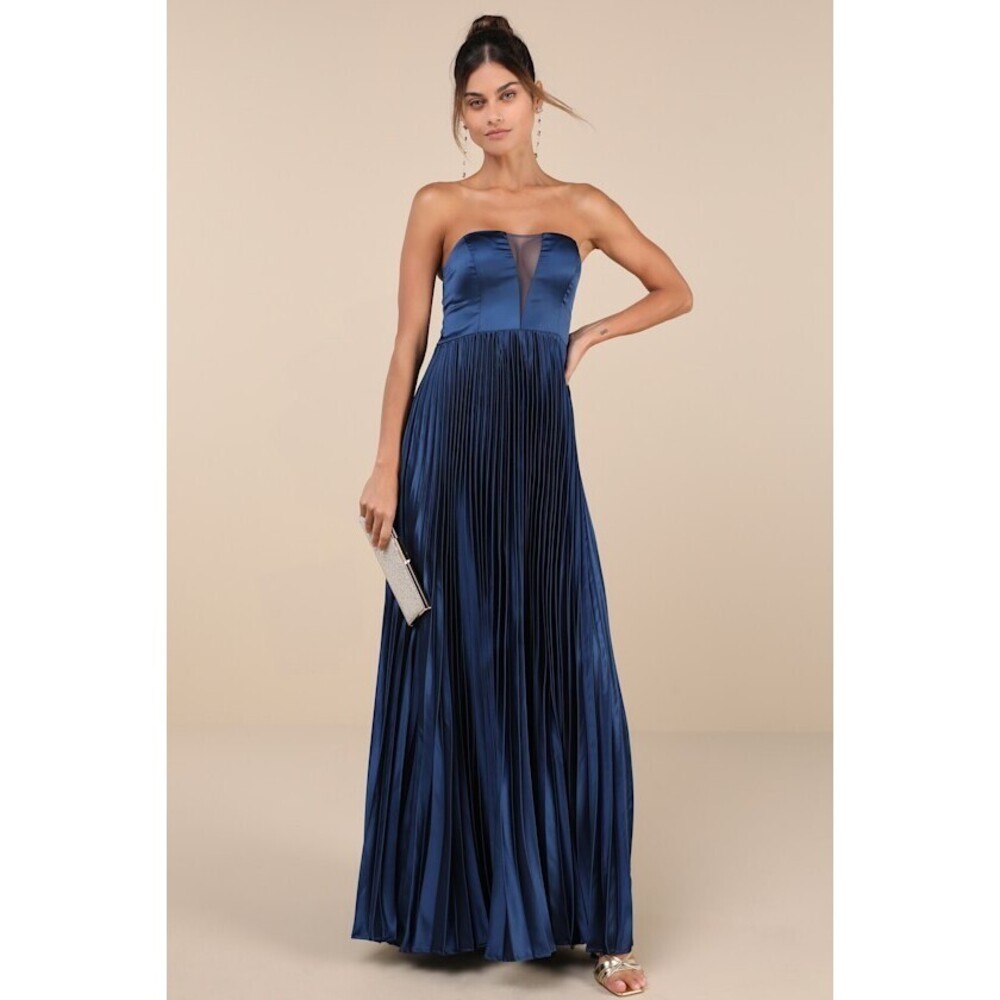 Lulus Perfected Elegance Navy Blue Satin Pleated Strapless Maxi Dress - Size L